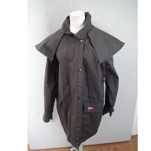 RM Williams Bush Outfitter Oilskin Drover Coat Small Brown Cotton Mens